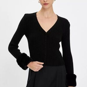 Zara Faux Fur Ribbed Knit Cardigan Sweater size small Fall Winter Scandi Style